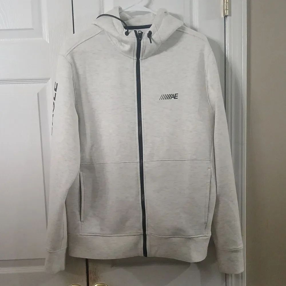 American Eagle light gray black super soft zipper front hoodie Sz M EUC